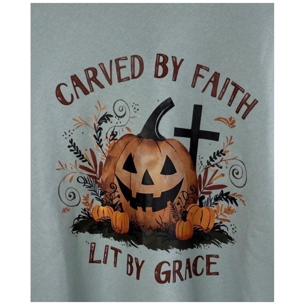 Bow-Kae Designs Sweatshirt Women S Blue Carved by Faith Pumpkin Christian Fleece - Picture 3 of 13